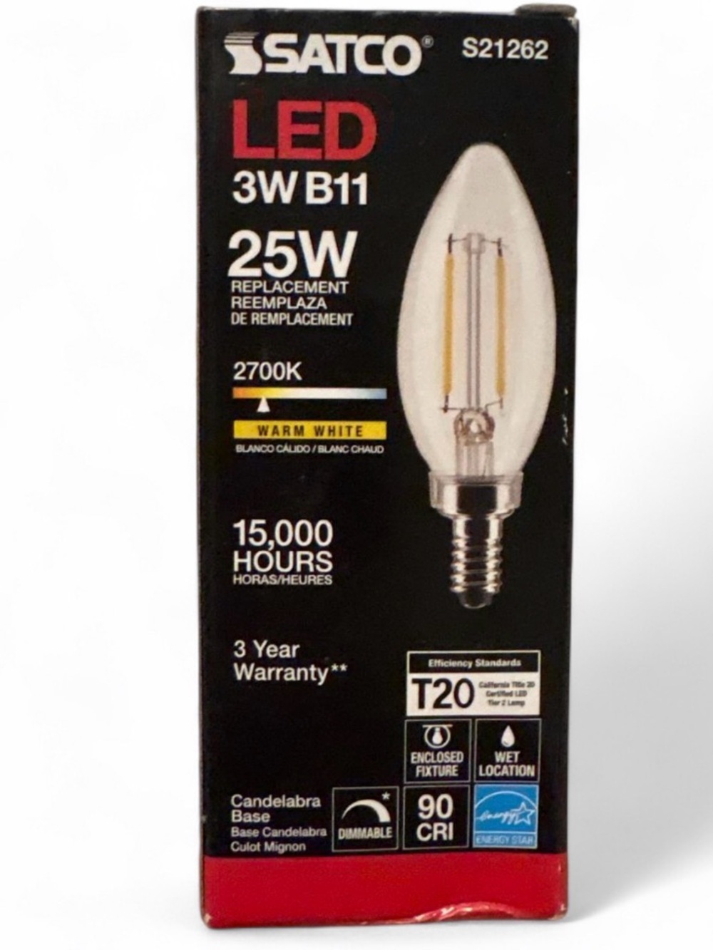 Satco S21262 LED Filament Bulb 3W B11 25W Replacement 2700K E12 Dimmable Clear